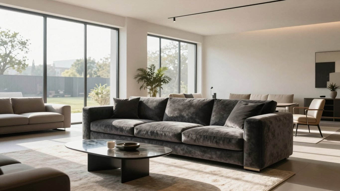 Modern ve lüks bir mobilya showroomu içerisinde estetik koltuk takımı sergileniyor