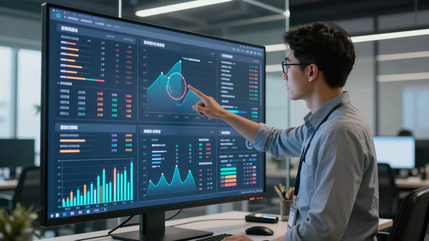 Dijital pazarlama uzmanı veri görselleştirme panosunda dönüşüm metriklerini analiz ediyor