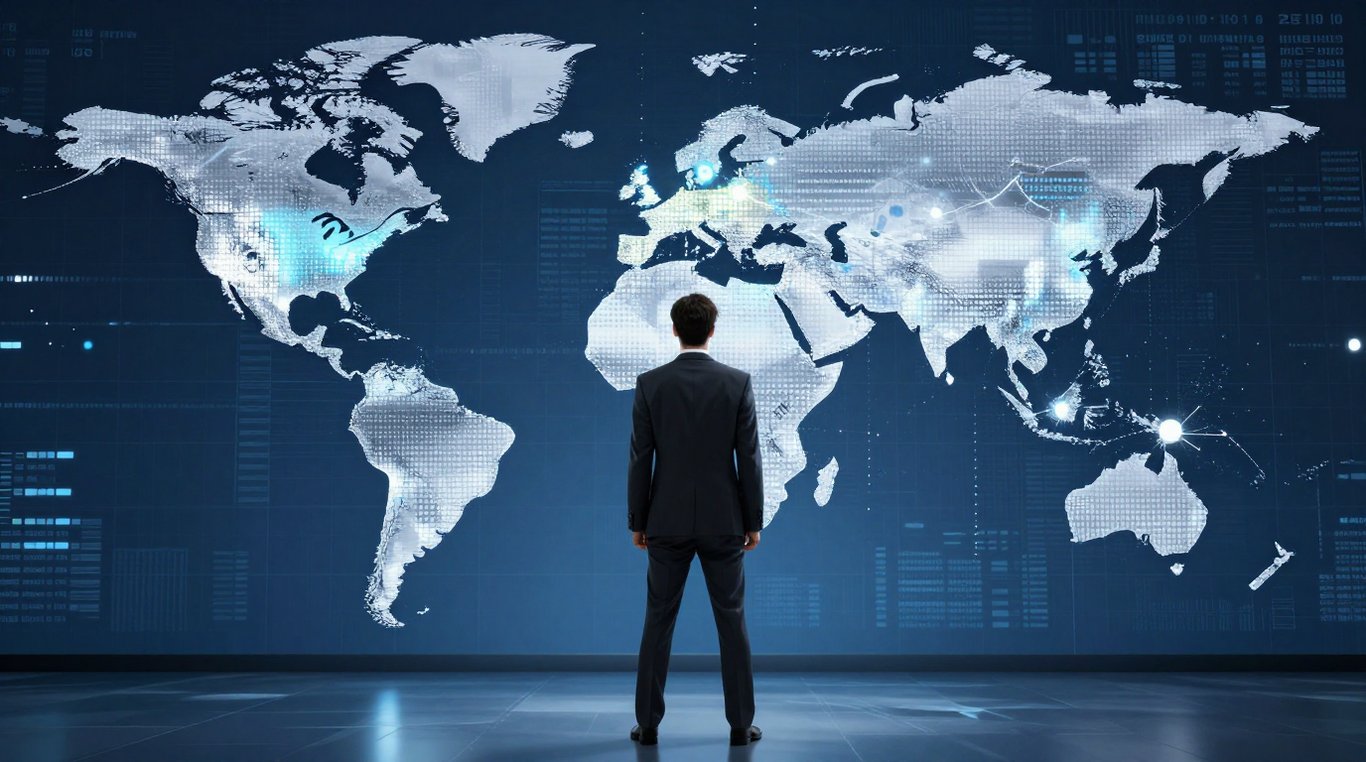 Bir iş insanı dijital dünya haritası önünde global pazar büyümesini analiz ediyor