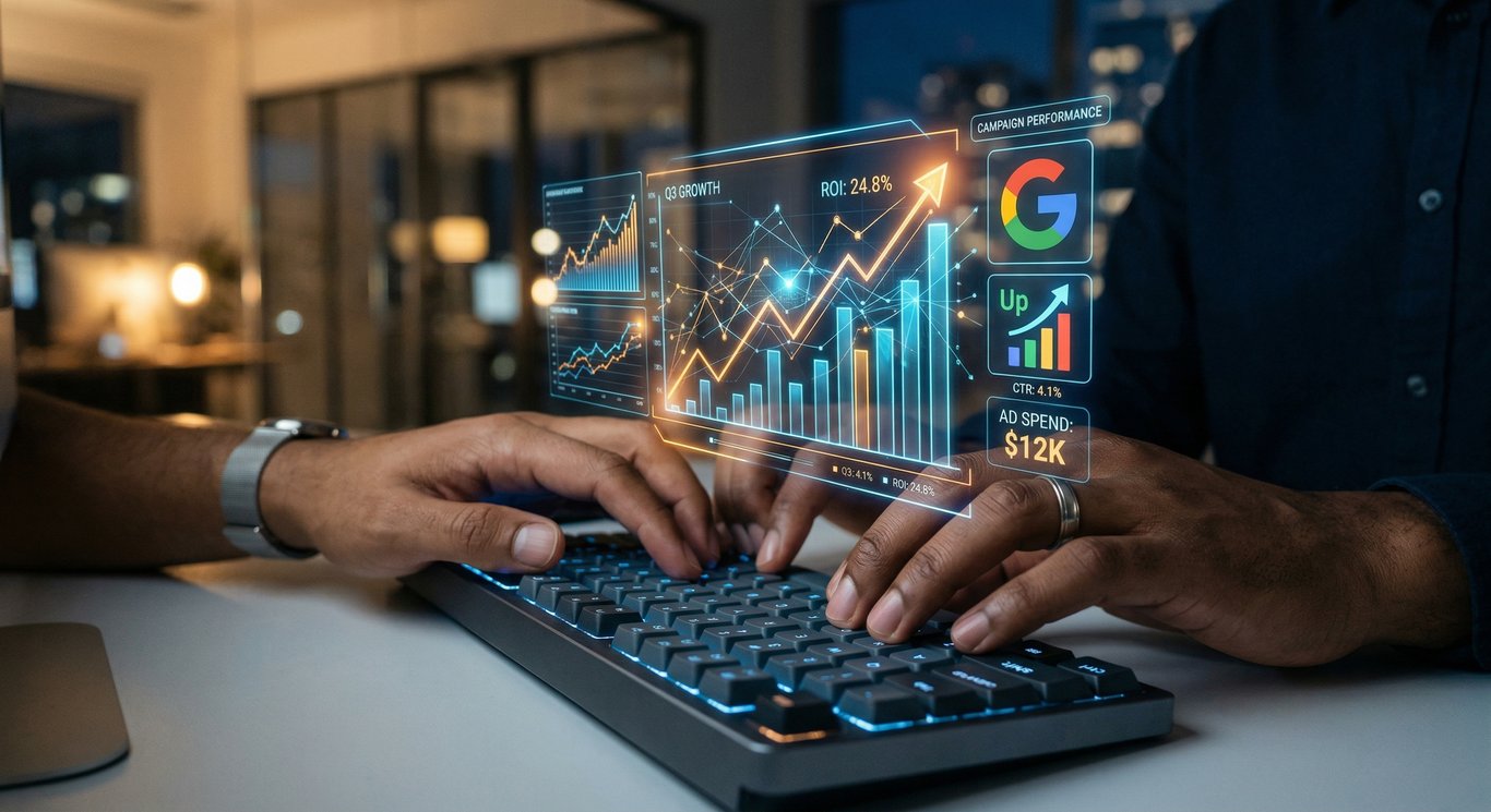 AI destekli dijital reklam yönetimi yapan uzman eller