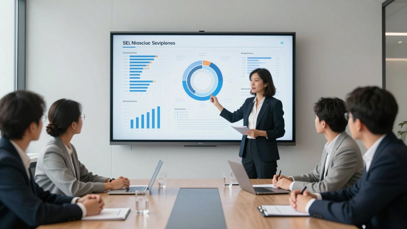 Profesyonel bir SEO danışmanı, yönetim ekibine dijital performans verilerini sunuyor