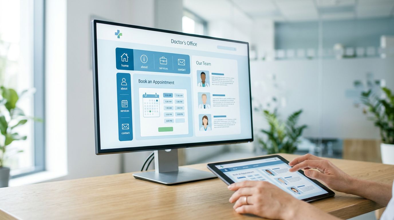 Modern doktor web sitesi ekranı ve bir hasta/doktor etkileşimi.