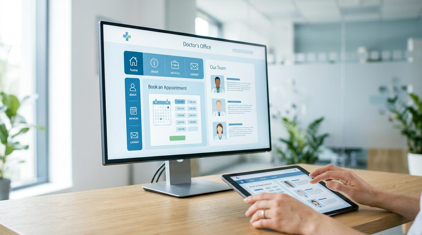 Modern doktor web sitesi ekranı ve bir hasta/doktor etkileşimi.