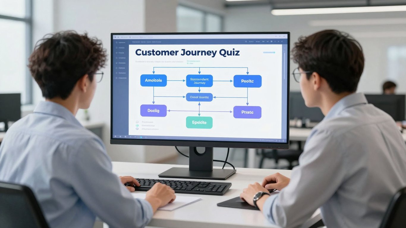 Bir veri bilimci ve arayüz tasarımcısının müşteri yolculuğu quizi akış şeması üzerinde çalıştığı profesyonel stüdyo ortamı