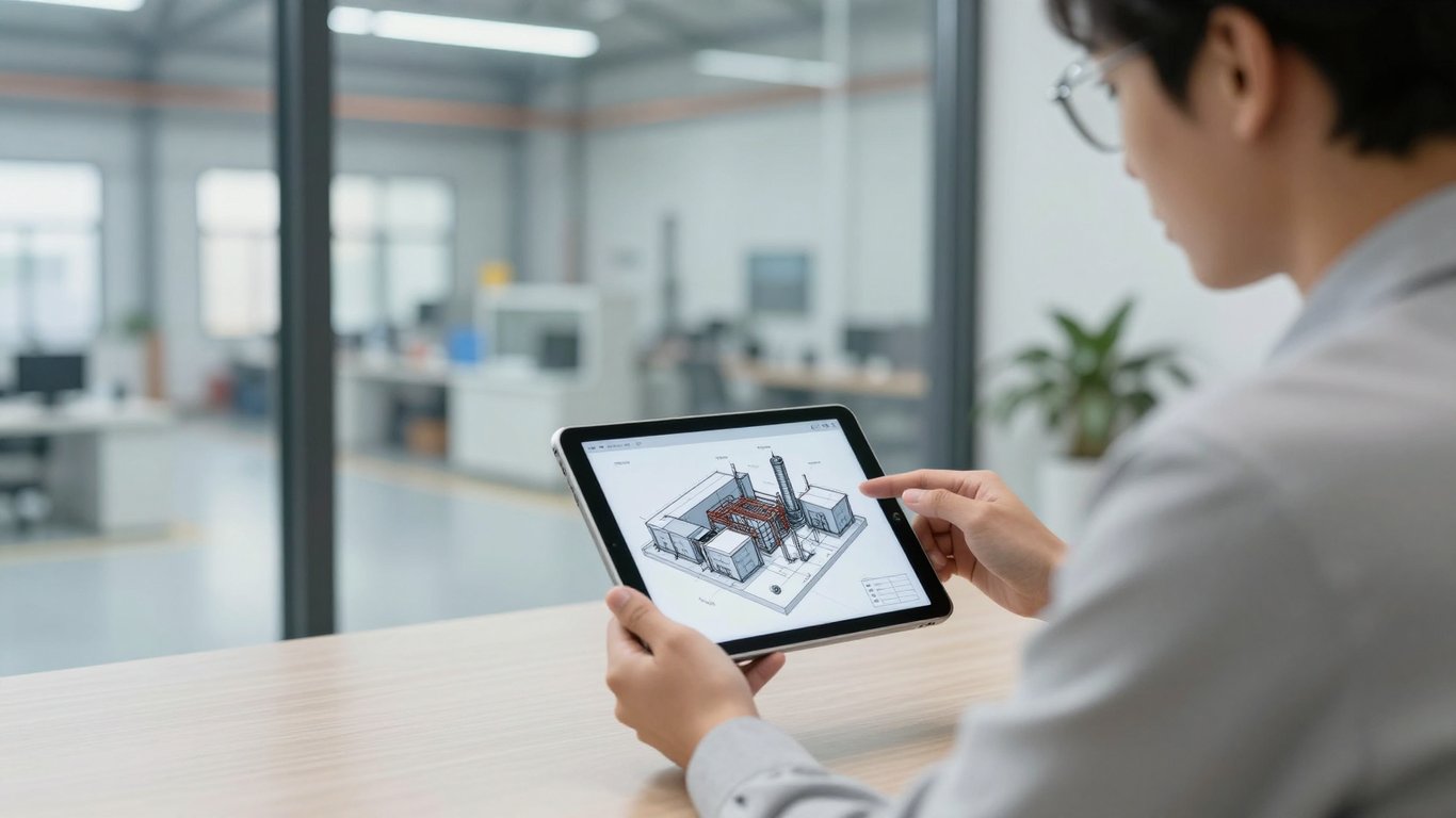 Ofiste mühendislerin 3D model üzerinde çalıştığı modern bir çalışma alanı