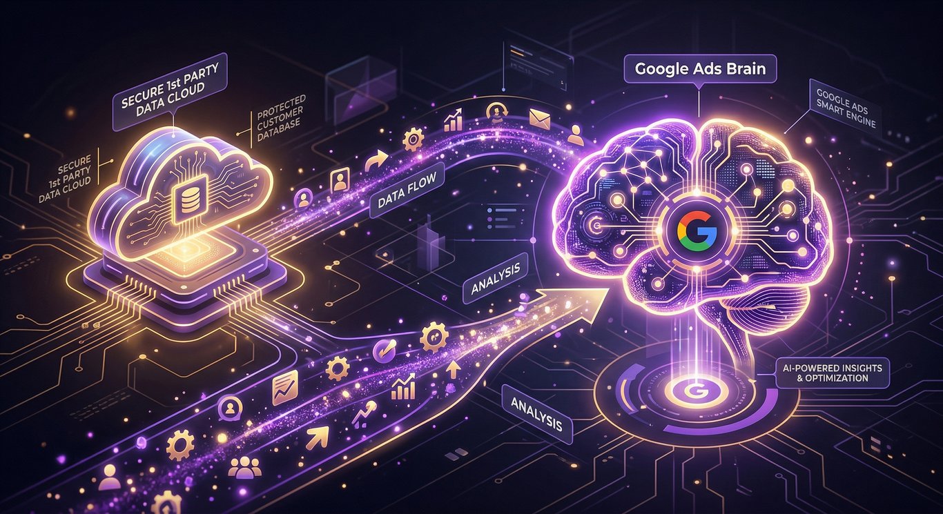 Birinci taraf veri akışı ve Google Ads yapay zeka entegrasyonu görseli