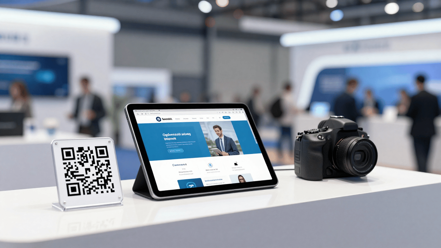 Fuar standında QR kod okutan ziyaretçi ve optimize edilmiş fuar landing page'i.