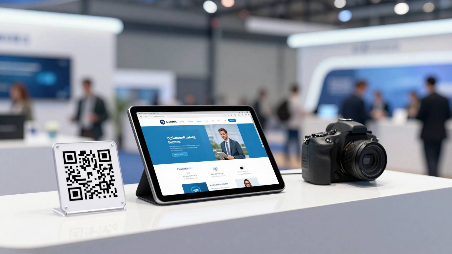 Fuar standında QR kod okutan ziyaretçi ve optimize edilmiş fuar landing page'i.