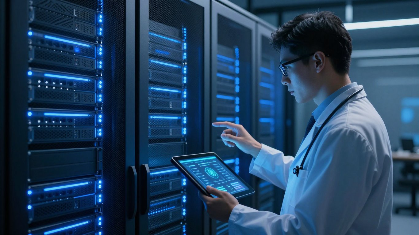 Web sitesi hızı ve altyapısını simgeleyen yüksek teknolojili sunucu odası