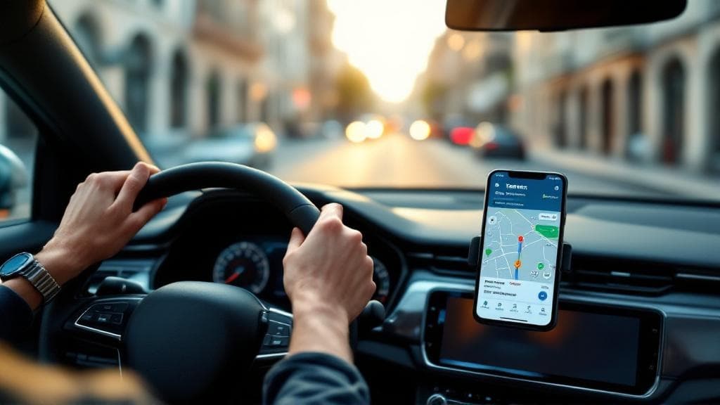 Yandex Navigasyon arayüzünü gösteren akıllı telefon, direksiyon başındaki sürücü.