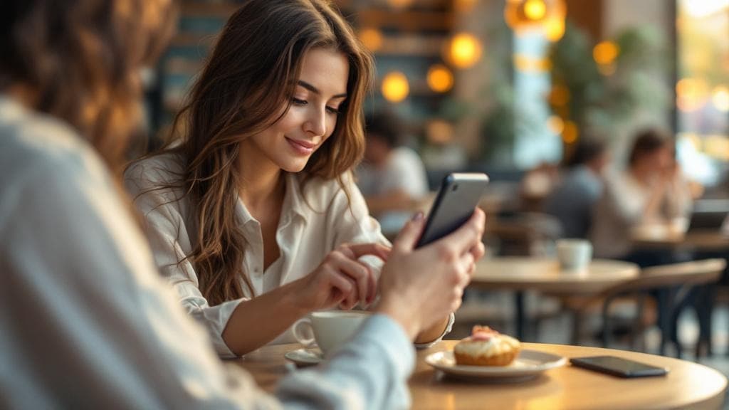Kafede dijital içerik üreten bir genç kadın, dijital check-in trendini yansıtıyor.