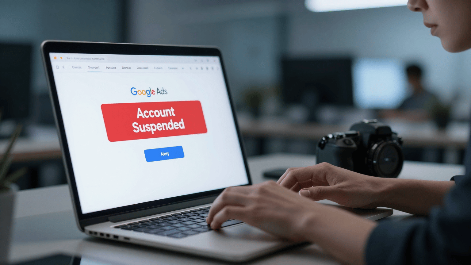 Google Ads hesabı askıya alındıktan sonra stresli bir anı gösteren profesyonel fotoğraf.