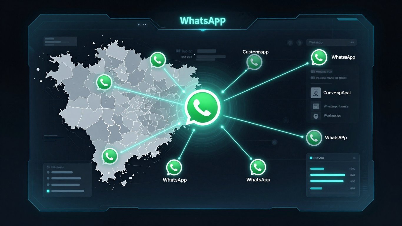 WhatsApp üzerinden müşteri etkileşimlerini ve dönüşüm yollarını gösteren fütüristik veri görselleştirme arayüzü