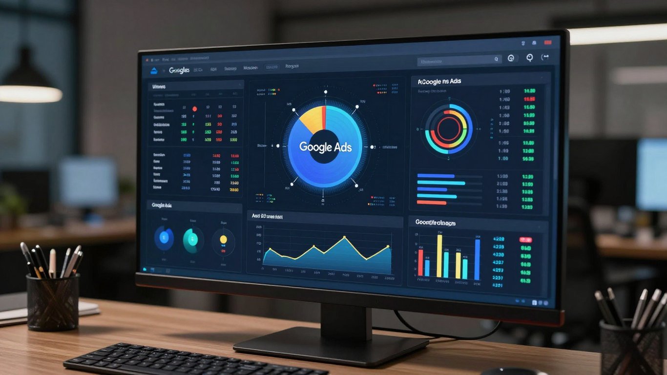 Modern bir ofis ortamında karmaşık Google Ads veri grafiklerini gösteren dijital panel