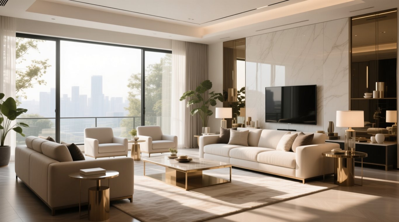 Modern ve lüks bir oturma odasında estetik mobilya detayları