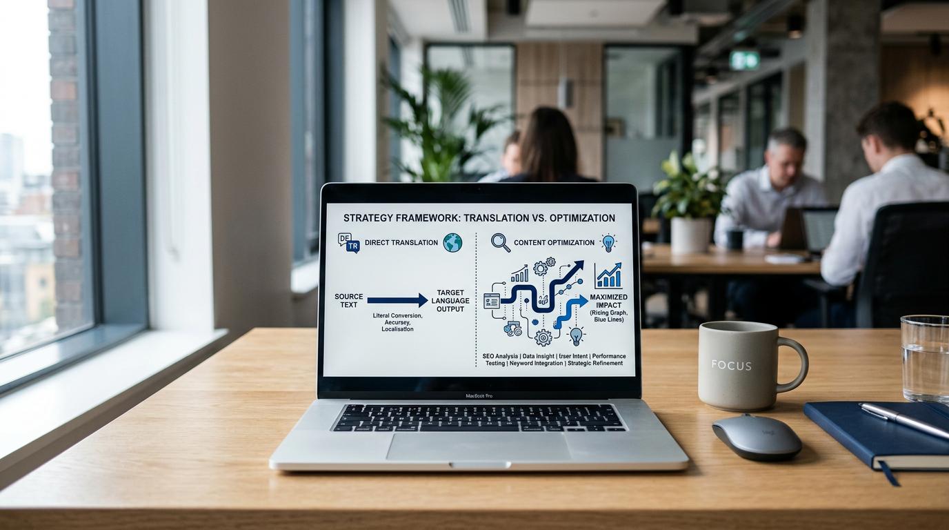 Almanca SEO'da çeviri ve optimizasyon arasındaki farkı gösteren görseller.