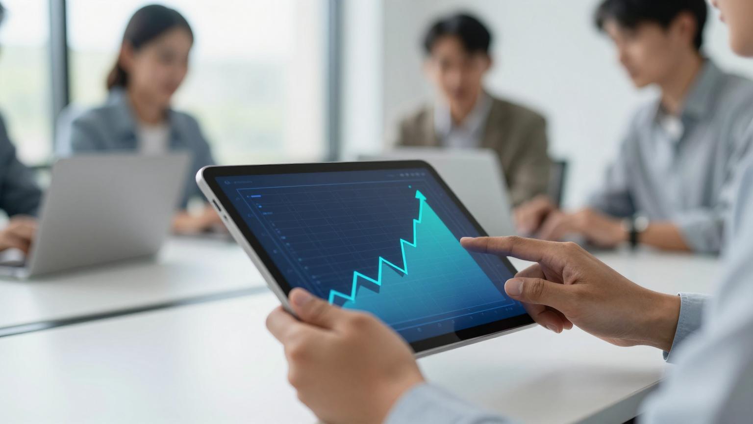 Dijitalde müşteri bulma sürecini gösteren tablet ekranı ve eller.