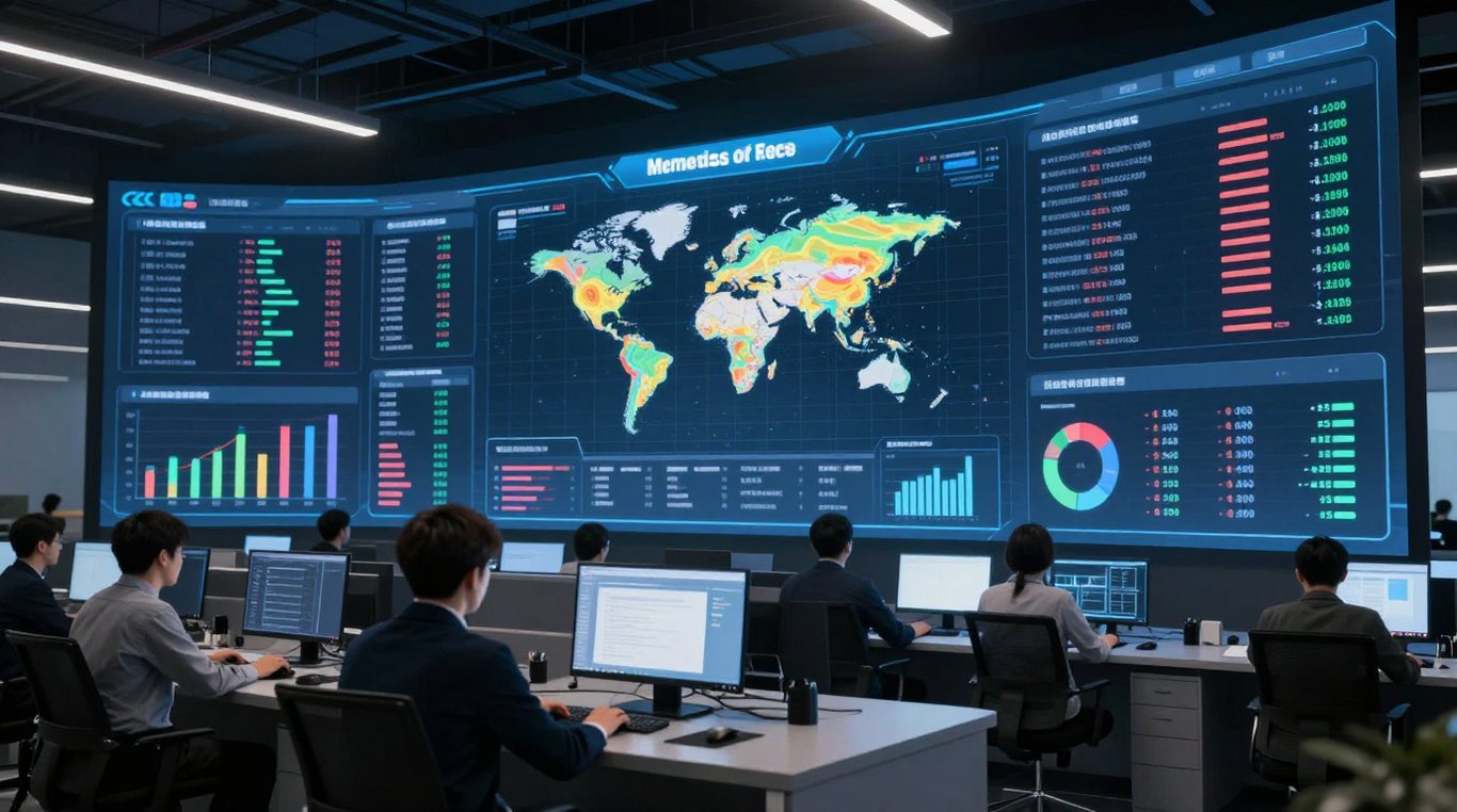 Modern bir dijital pazarlama komuta merkezinde gerçek zamanlı veri analizi ve büyüme grafikleri inceleniyor