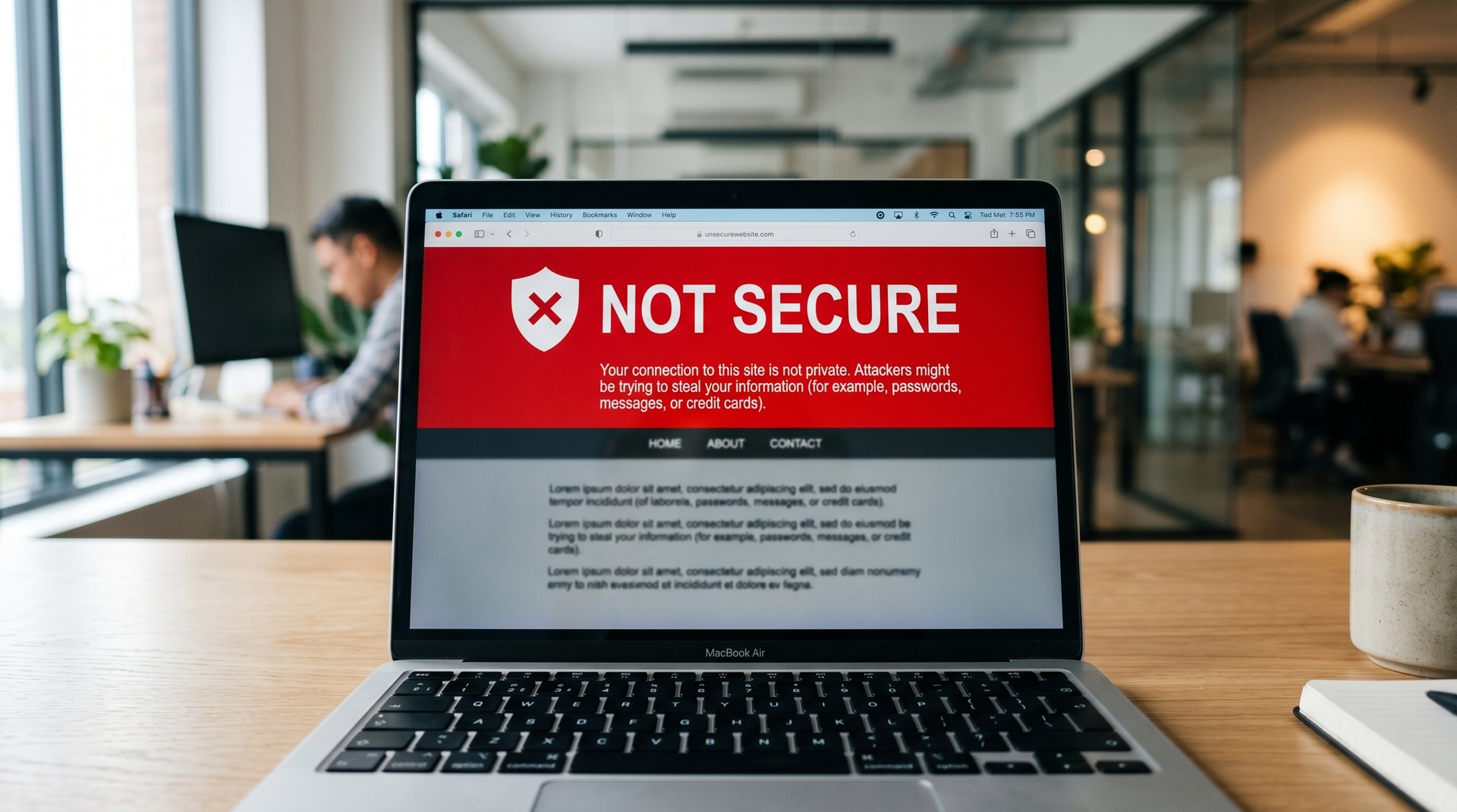 Web sitesinde 'Güvenli Değil' uyarısı ve SSL eksikliğinin satışlara etkisi.