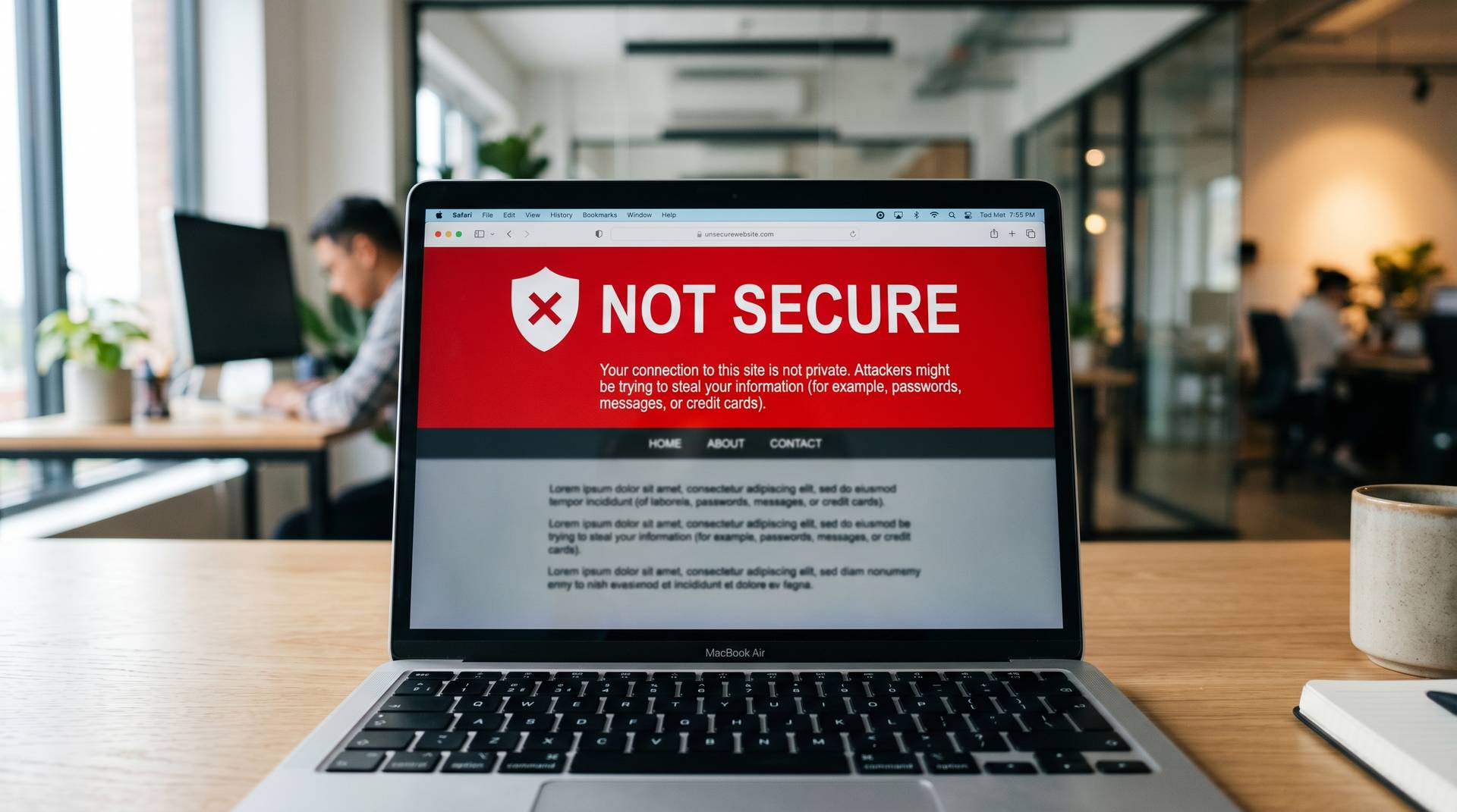 Web sitesinde 'Güvenli Değil' uyarısı ve SSL eksikliğinin satışlara etkisi.