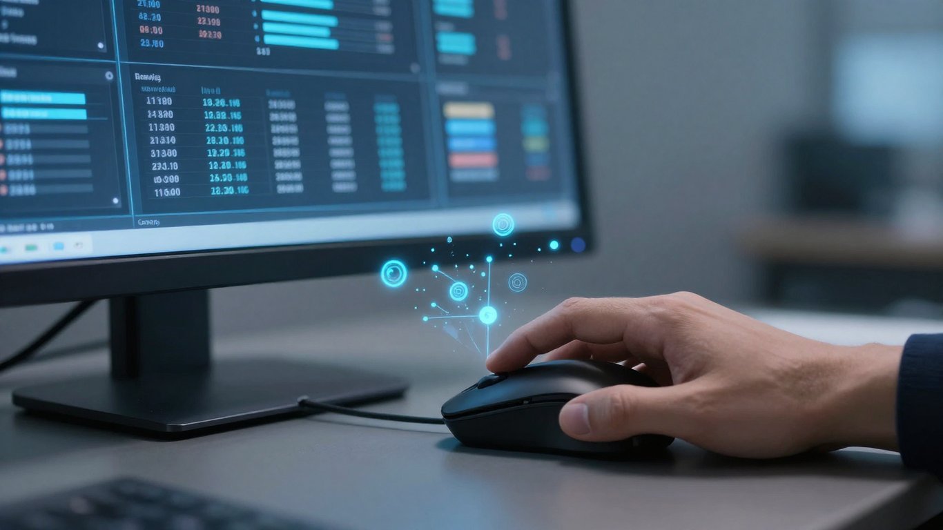 Bir uzmanın bilgisayar başında karmaşık veri analitiği yazılımını incelediği yakın çekim görsel