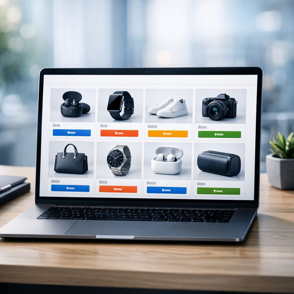 E-ticaret kategori sayfası optimizasyonunu gösteren modern bir laptop ekranı.