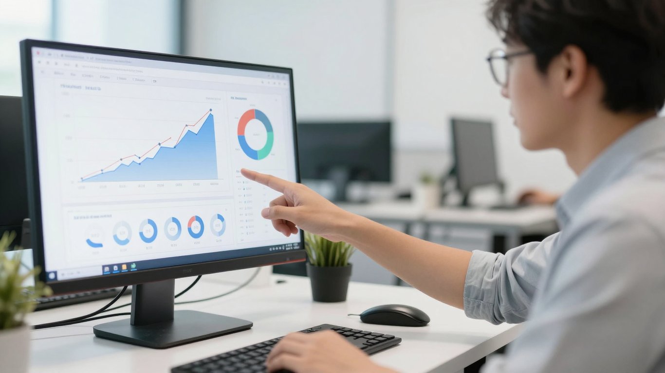 Bir veri analisti ofiste SEO büyüme grafiklerini inceliyor ve ekibiyle paylaşıyor