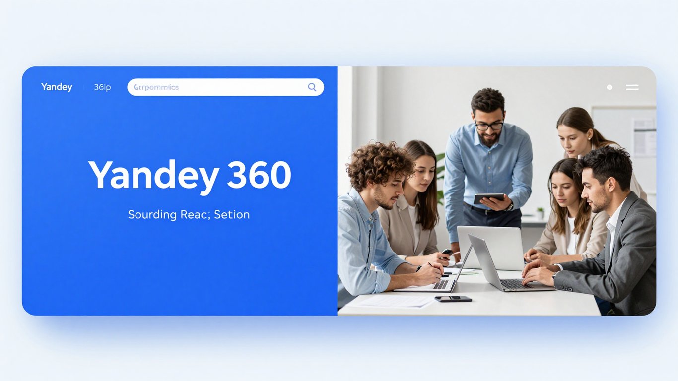 Yandex 360 kurumsal arayüzü ve ekip çalışması görseli