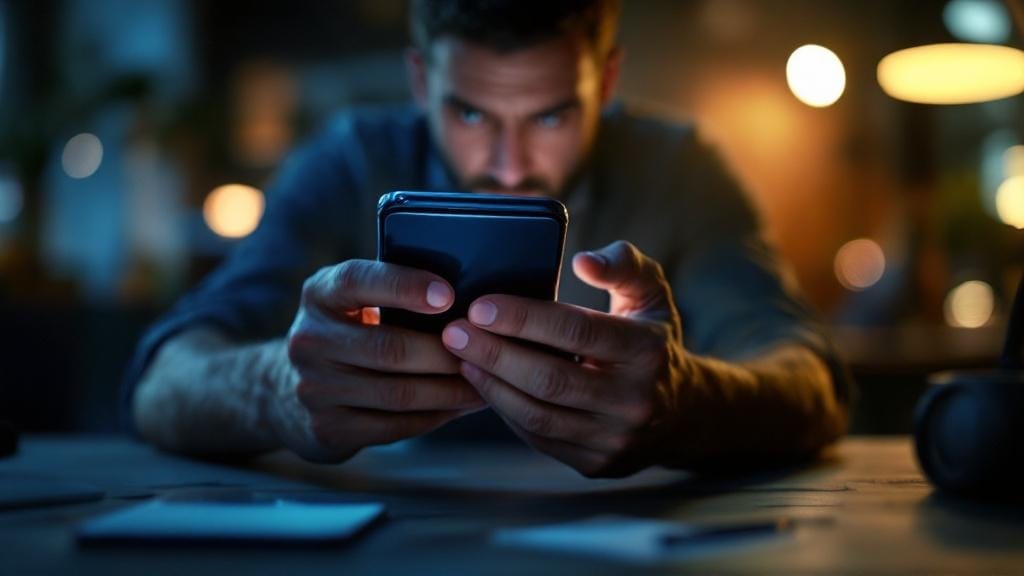 Google Ads destek arayan bir kişinin akıllı telefon ekranındaki sorunu gösteren profesyonel fotoğraf.