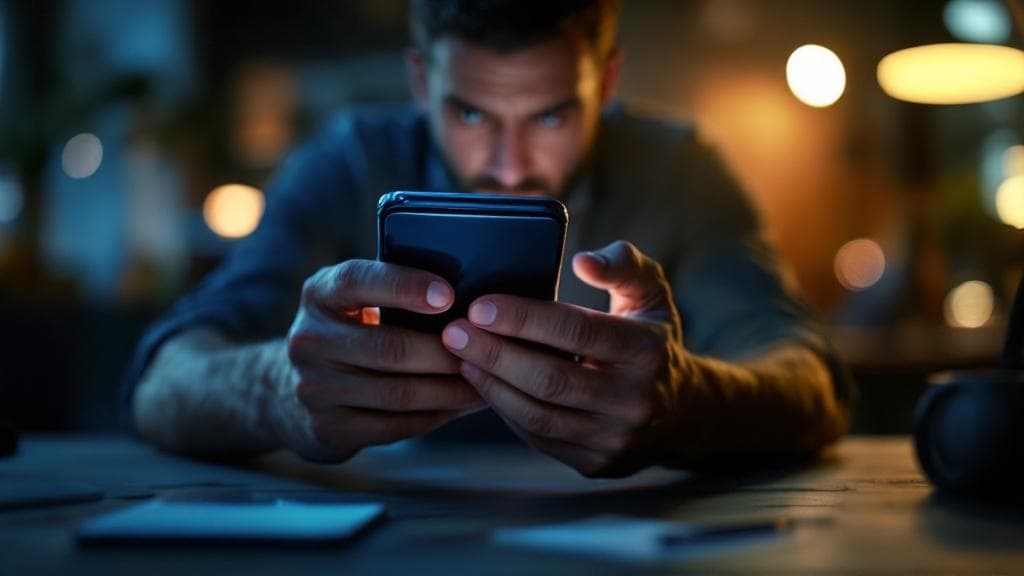 Google Ads destek arayan bir kişinin akıllı telefon ekranındaki sorunu gösteren profesyonel fotoğraf.