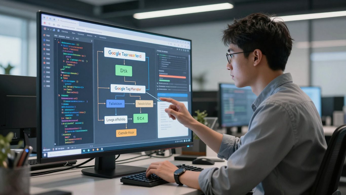 Bir veri analisti Google Tag Manager verilerini ve özel kod yapılarını inceliyor