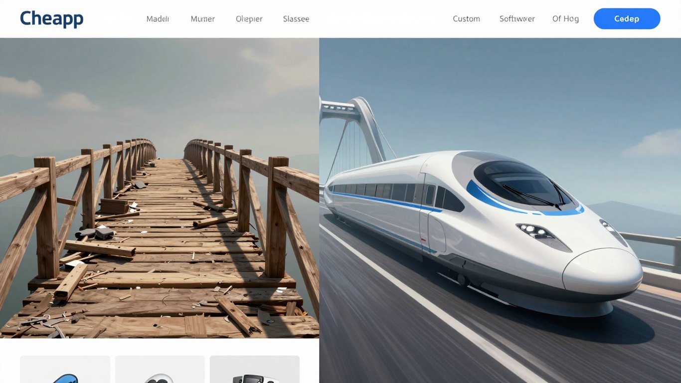 Ucuz hazır tema ile profesyonel özel yazılım web sitesi arasındaki farkı temsil eden illüstrasyon