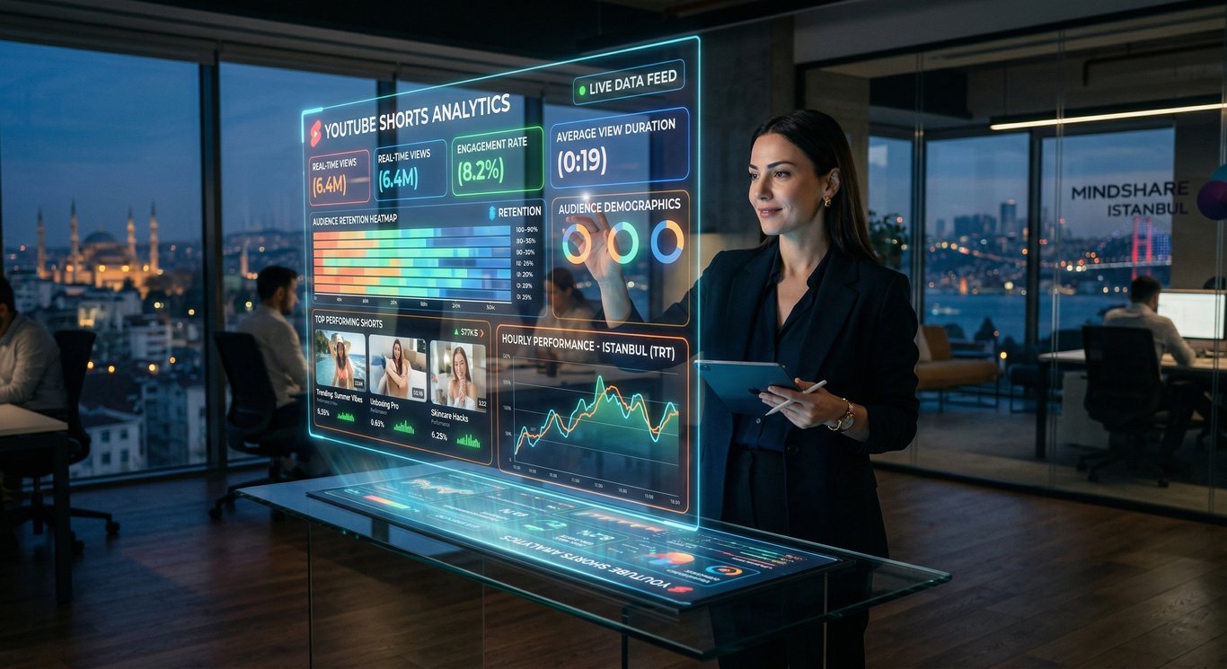 Modern bir ofiste YouTube Shorts analizlerini inceleyen dijital pazarlama stratejisti