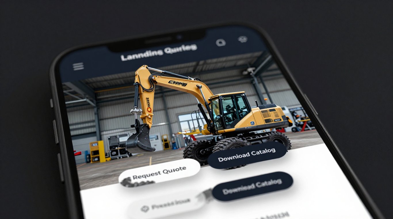 Akıllı telefon ekranında modern bir sanayi landing page tasarımı ve büyük butonlar