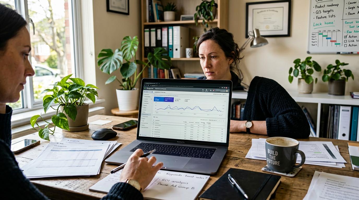 Google Ads raporlarındaki gizli kayıpları gösteren bir iş insanının masası.