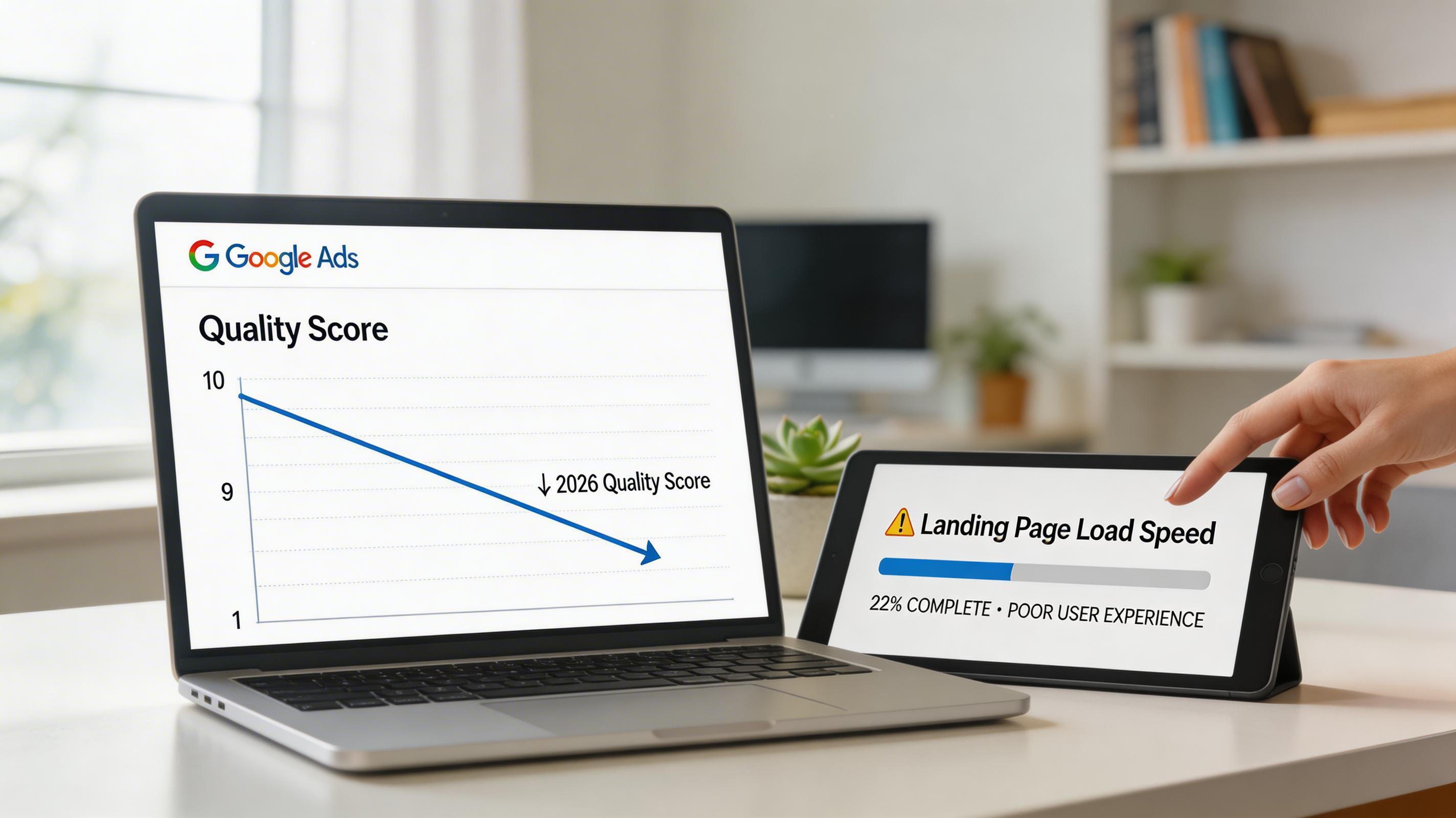 Google Ads kalite puanı düşüşü ve landing page etkisi gösteren görseller.