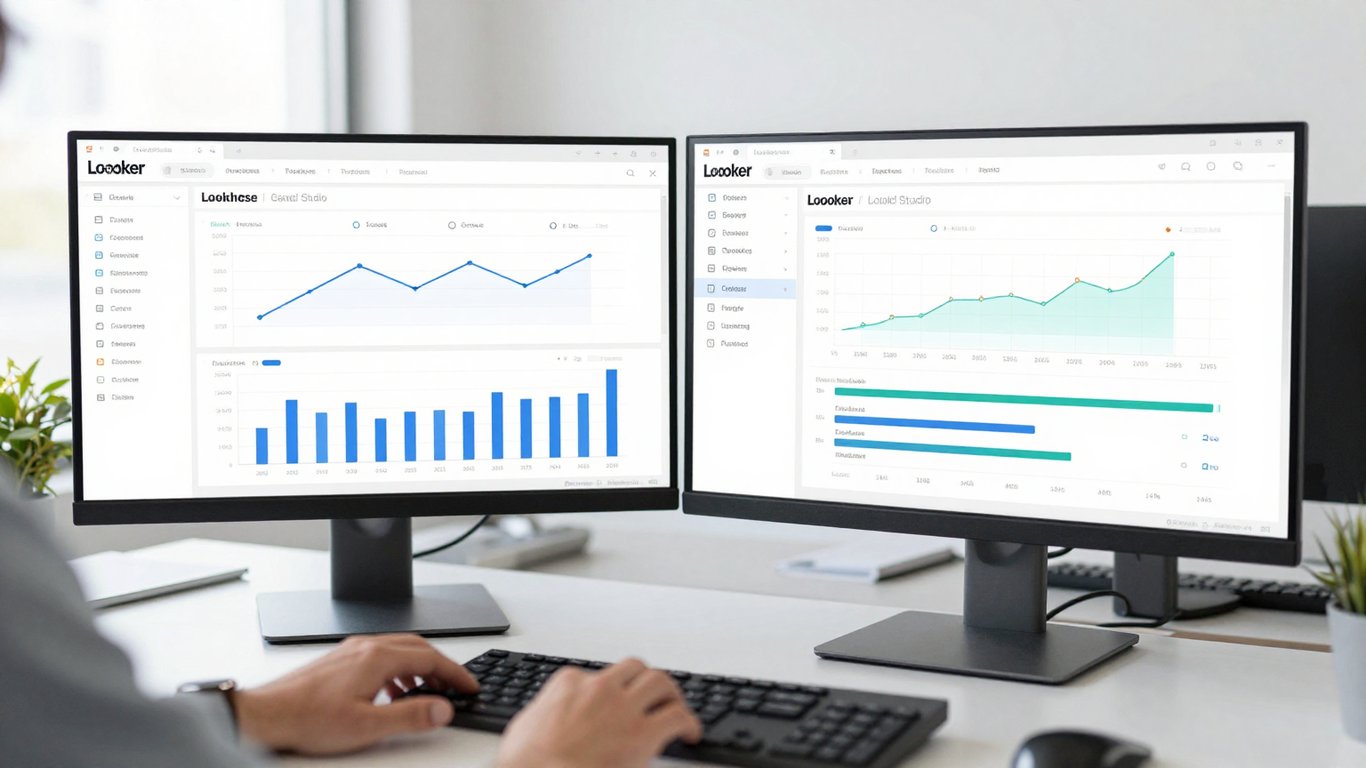 Modern bir ofiste veri analisti Looker Studio üzerinde çalışma yapıyor