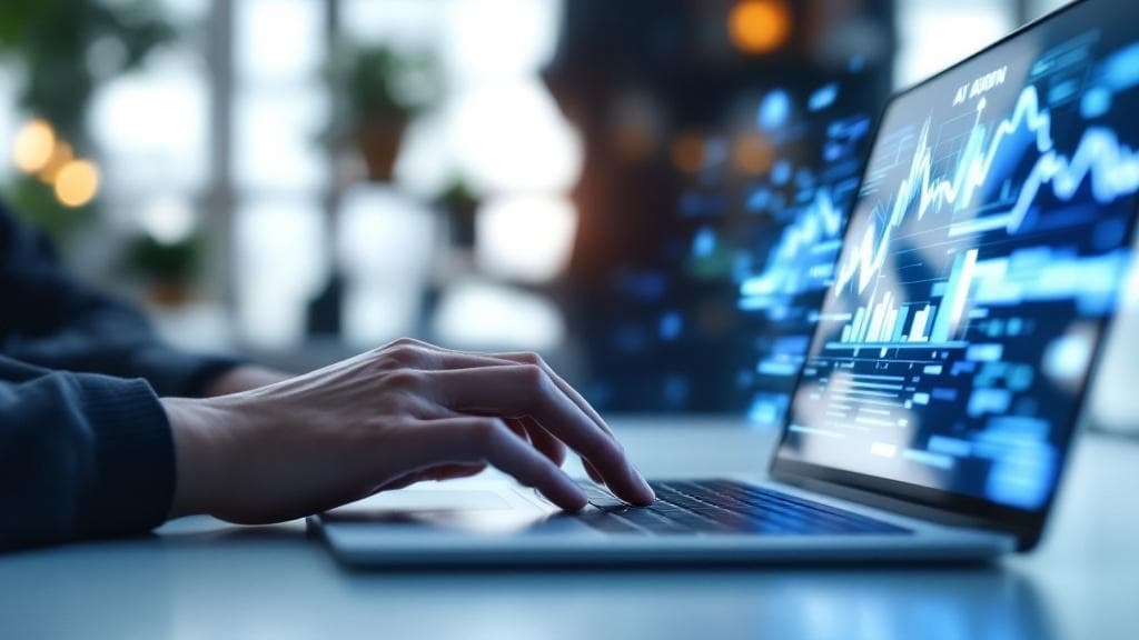 Yapay zeka reklamlarını yöneten profesyonel eli ve dijital verileri gösteren görsel.