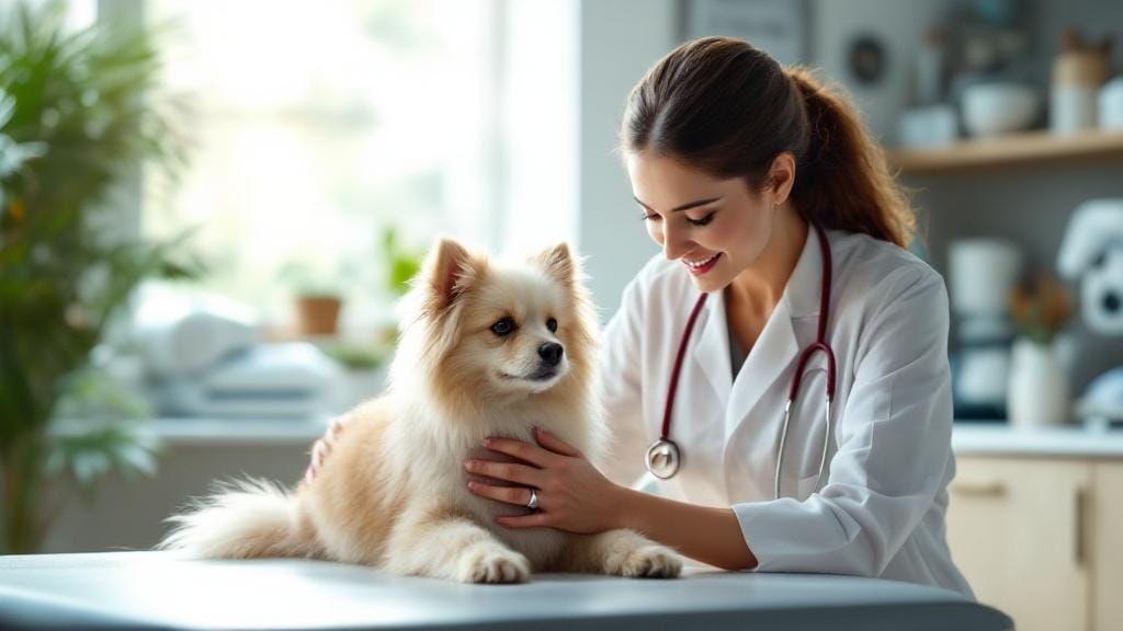 Veteriner kliniğinde güven veren hekim ve evcil dost.
