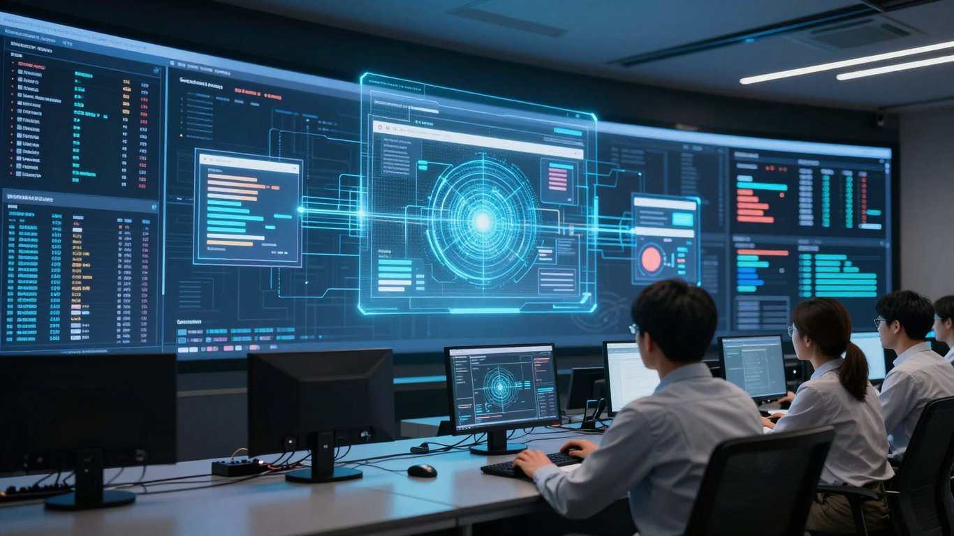 Profesyonel bir dijital kontrol odasında web sitesi mimarisini analiz eden uzmanlar