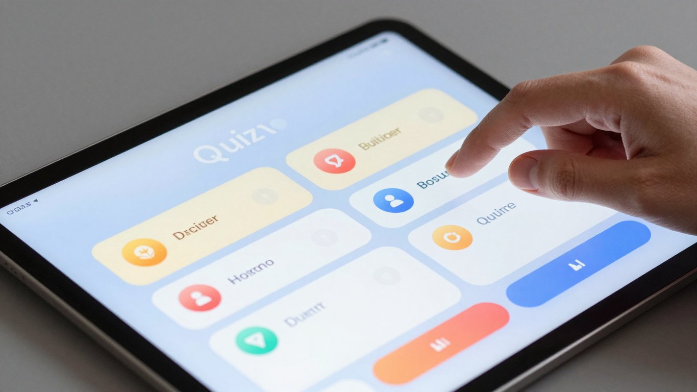 Bir kişinin tablette etkileşimli bir quiz arayüzünü kullandığı yakın çekim görsel
