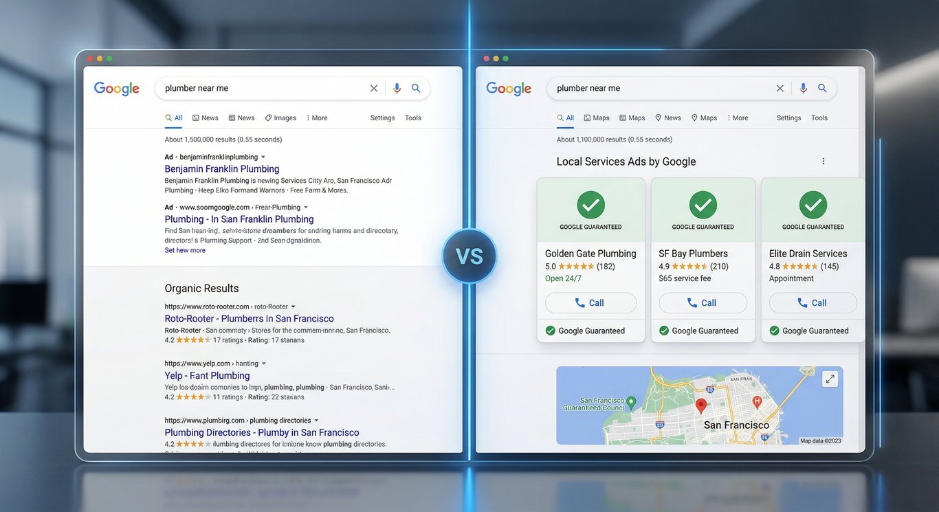 Standart arama sonuçları ile Google Garantili LSA reklamlarının karşılaştırması