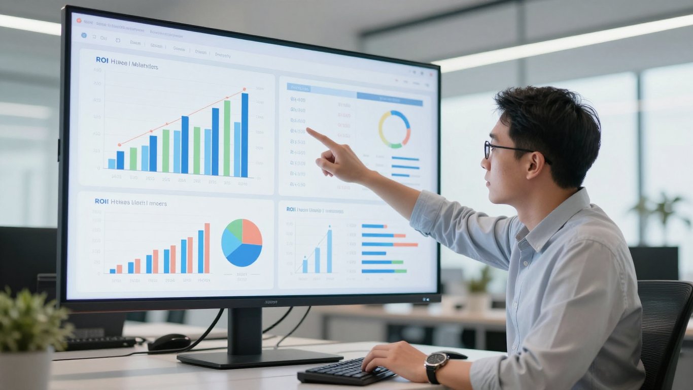Web sitesi yatırım getirisi ve maliyet analizini gösteren profesyonel bir sunum ortamı