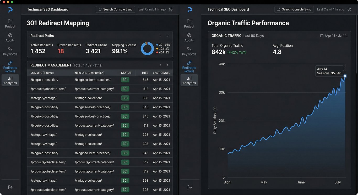 SEO yönlendirme haritası ve organik trafik artış grafiği ekranı