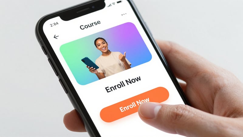 Akıllı telefon ekranında optimize edilmiş bir kurs satış sayfası ve kayıt ol butonu