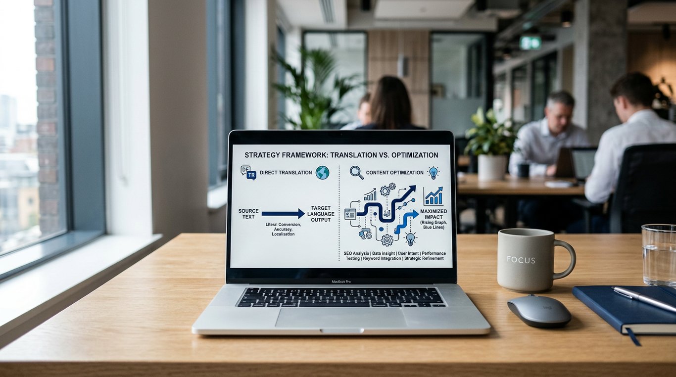 Almanca SEO'da çeviri ve optimizasyon arasındaki farkı gösteren görseller.