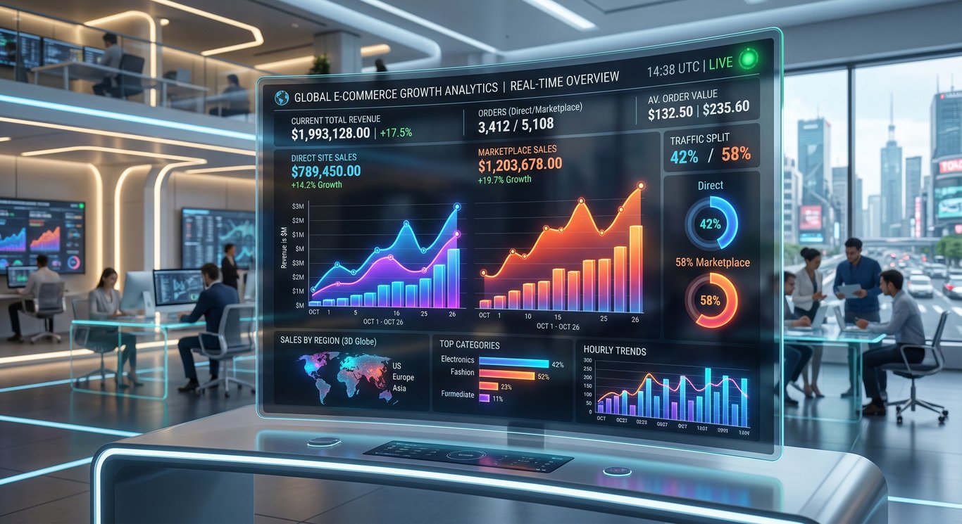 Bir işletmenin e-ticaret sitesi ve pazaryeri satış performansını karşılaştıran dijital analiz ekranı
