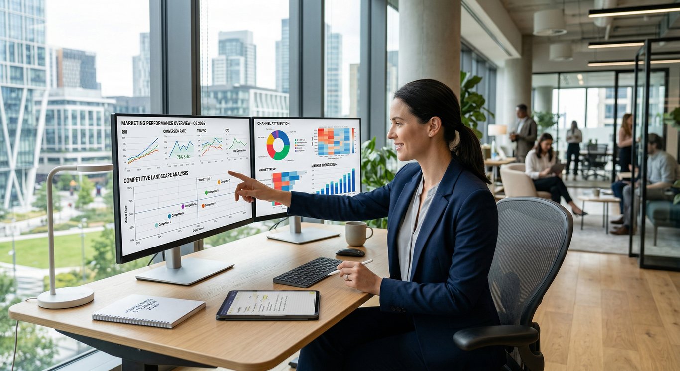 Uzman dijital pazarlamacı rakip analiz verilerini profesyonel ortamda inceliyor