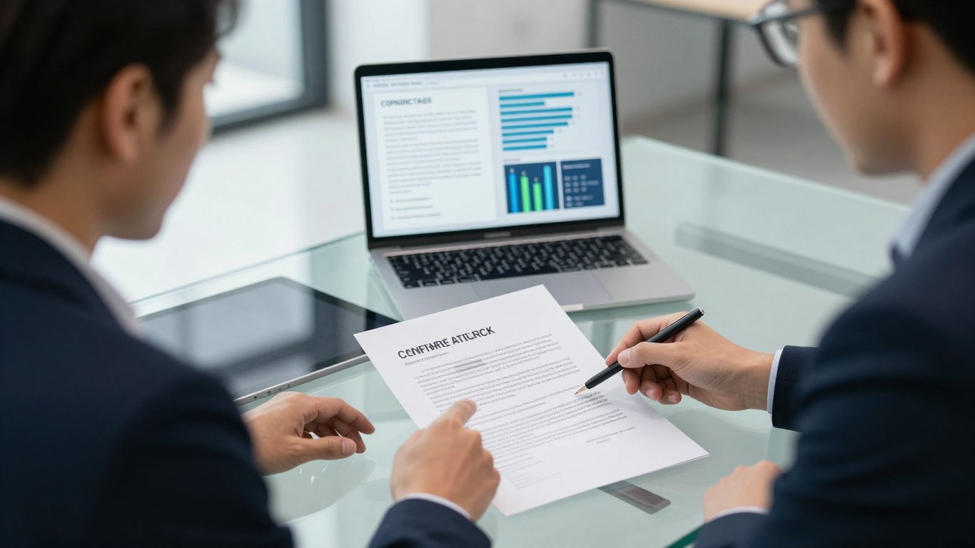 Profesyonel bir dijital pazarlama ve hukuk toplantısı, SEO sözleşmesi incelemesi