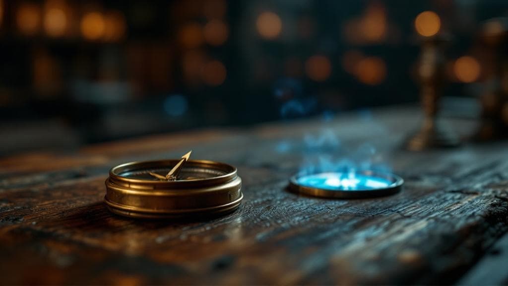 Google Ads Anahtar Kelime Planlayıcı dışında karlı niş kelimeler bulma yolculuğunu simgeleyen gizemli bir pusula.